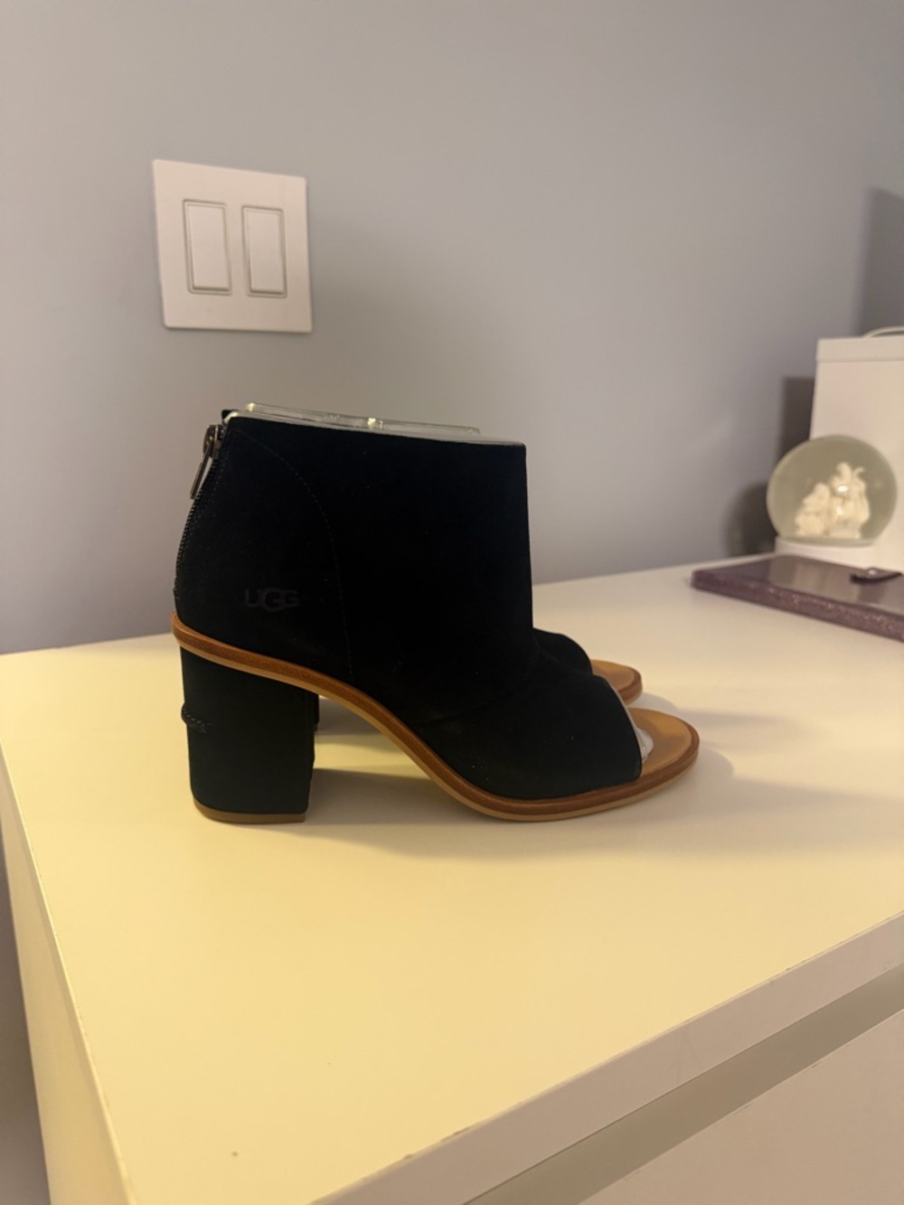 UGG Black Suede Open-Toe Block Heel Booties with Brown Trim